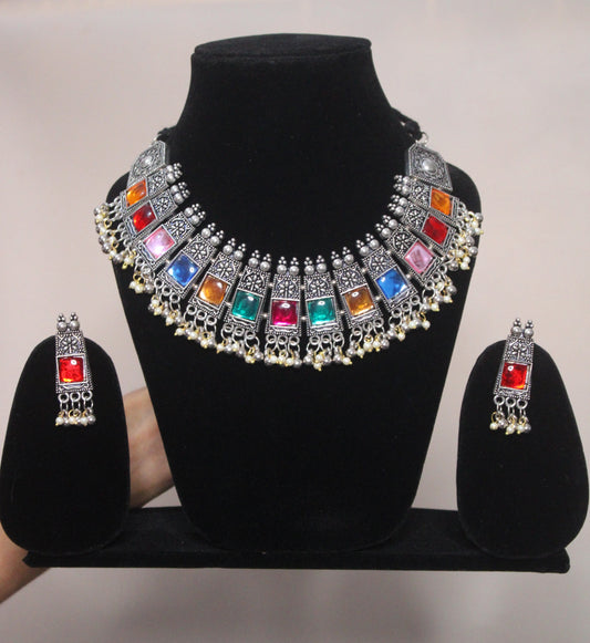 Oxidised Necklace Set ( Multicolour)