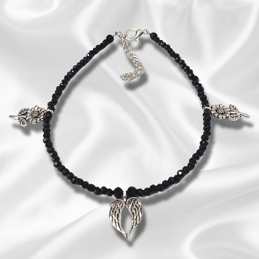 Small Black crystal with flower hanging anklet