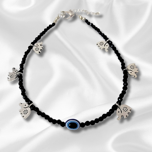 Evil Eye Black Crystal With Elephant Hanging Anklet